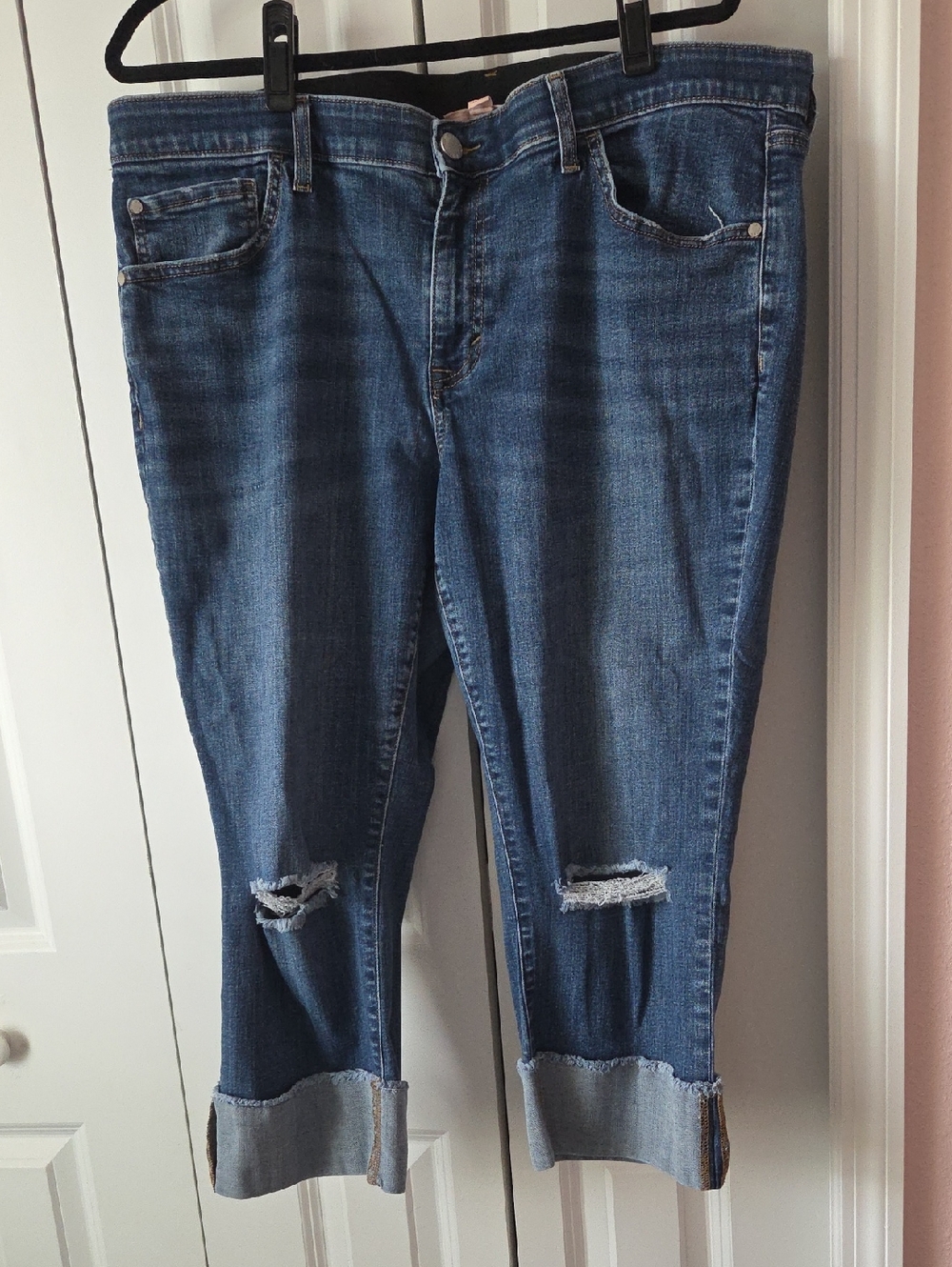 EVRI Women’s Dark Blue Distressed Boyfriend Jeans with Cuffs